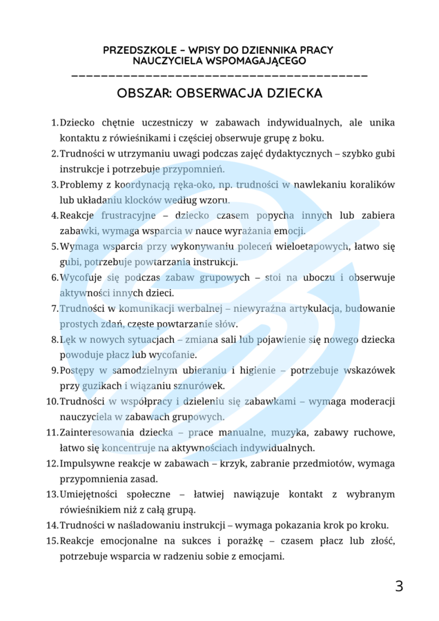 Nauczyciel wspomagający w przedszkolu – przykładowe wpisy do dziennika