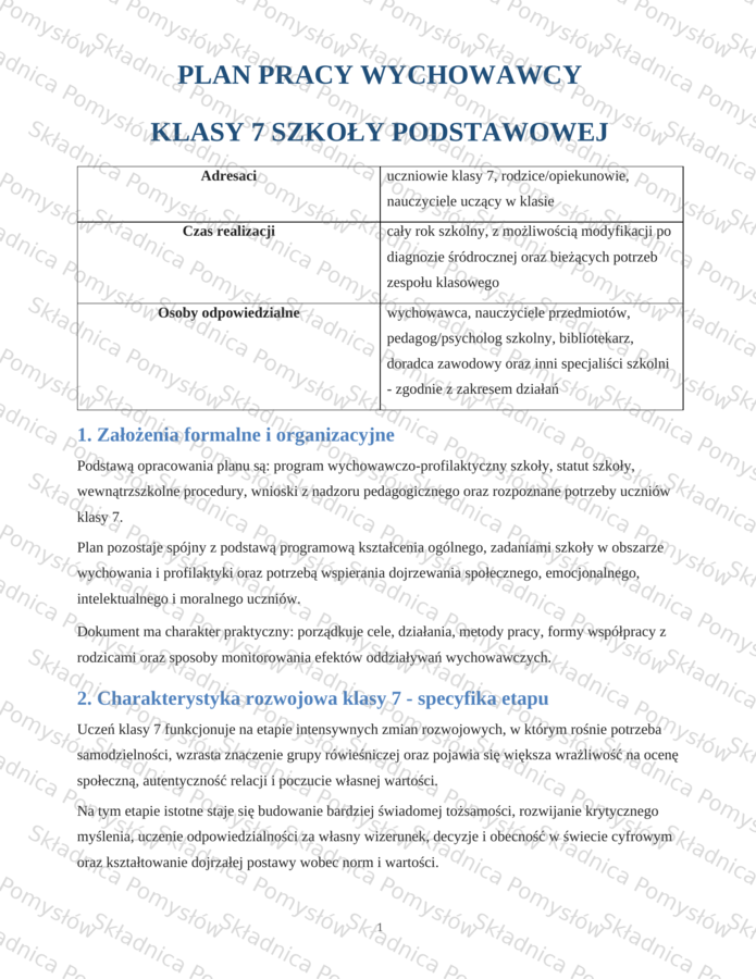 ROCZNY PLAN PRACY WYCHOWAWCY - klasa 7 (DOCX, edytowalny); plan pracy wychowawczej; godziny wychowawcze