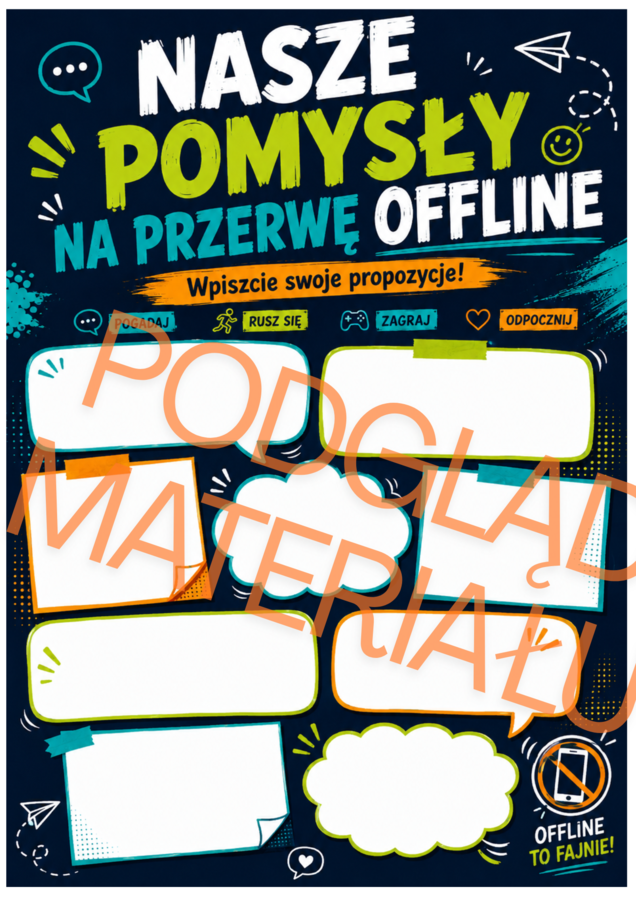 „TELEFON ODPOCZYWA, MY DZIAŁAMY!” – Szkoła bez telefonu | gazetka + godzina wychowawcza + wyzwanie + strefa offline | 34 strony PDF