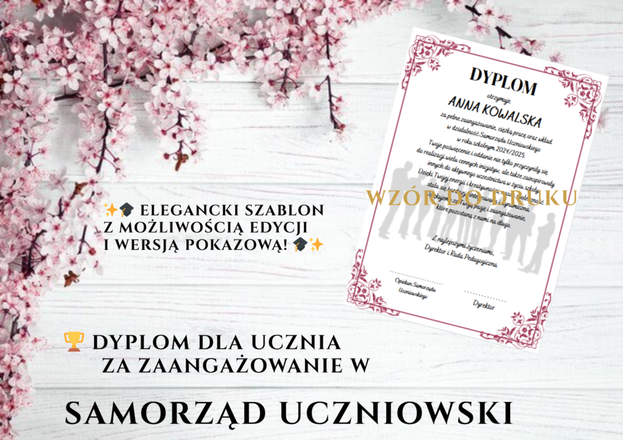 🏆 Dyplom dla Ucznia za Zaangażowanie w Samorząd Uczniowski — elegancki szablon z możliwością edycji 🎓✨