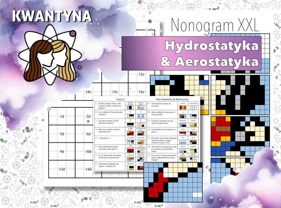 Kolorowanka XXL: Fizyka. Klasa 8. Hydro- i aerostatyka. Pomysł na ciekawą lekcję! Karta pracy. MOC powtórki.