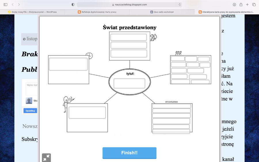 Interaktywna karta pracy do wypisywania elementów świata przedstawionego w powieści