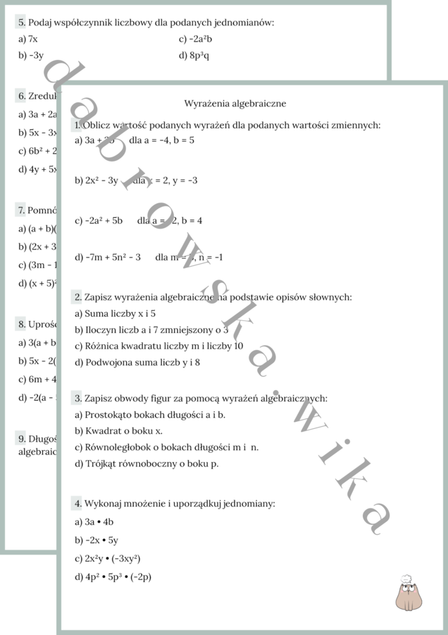 Wyrażenia algebraiczne - zestaw zadań