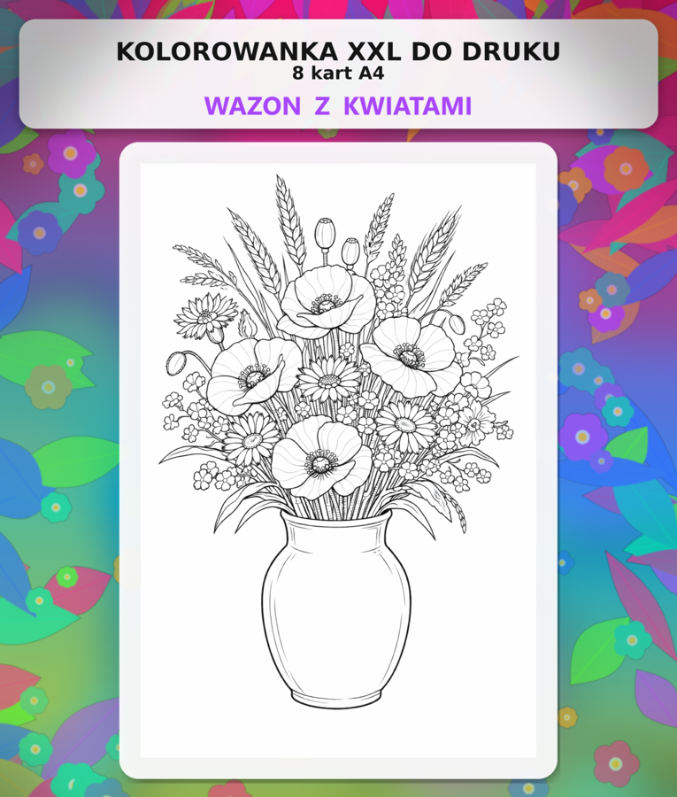 WAZON Z KWIATAMI - kolorowanka - plakat do druku XXL + miniatura A4 - kwiaty (Dzień Kobiet, Dzień Matki)