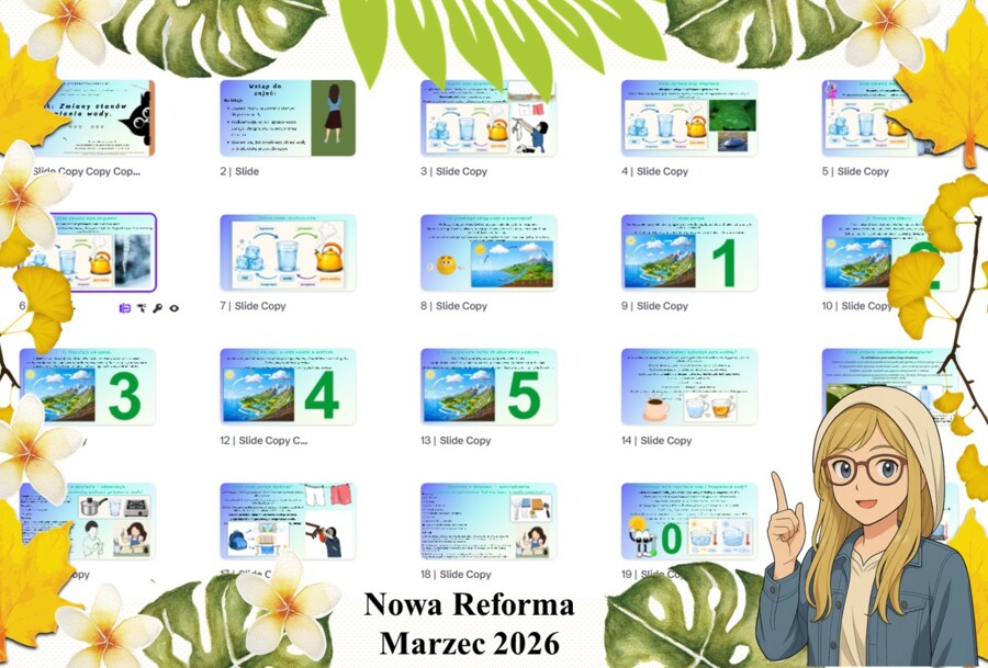 Prezentacja multimedialna w genial.ly do edycji „Zmiany stanów skupienia wody” wykonana na podstawie podręcznika „Przyroda” Nowa Era. Przyroda 4. Dział „Obserwuję zjawiska przyrodnicze”.