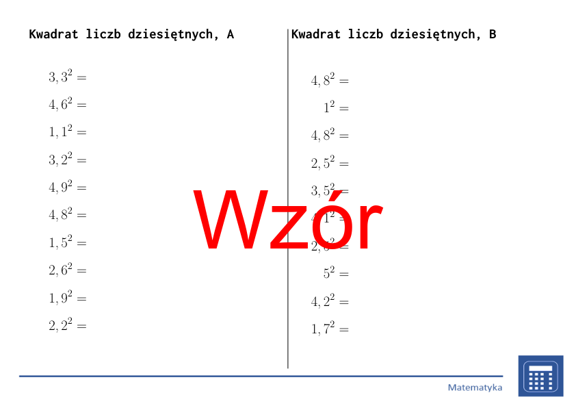 Kwadrat liczb dziesiętnych | matematyka | 26 kolumn