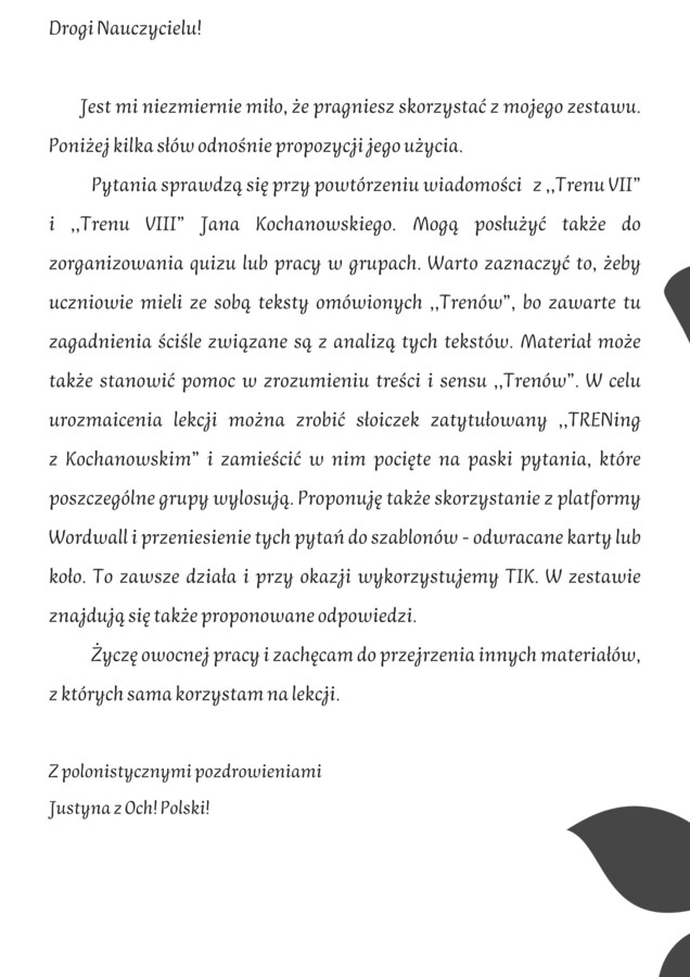 ,,Treny" Jan Kochanowski! Zestaw pytań + odpowiedzi! Przygotowanie do E8!