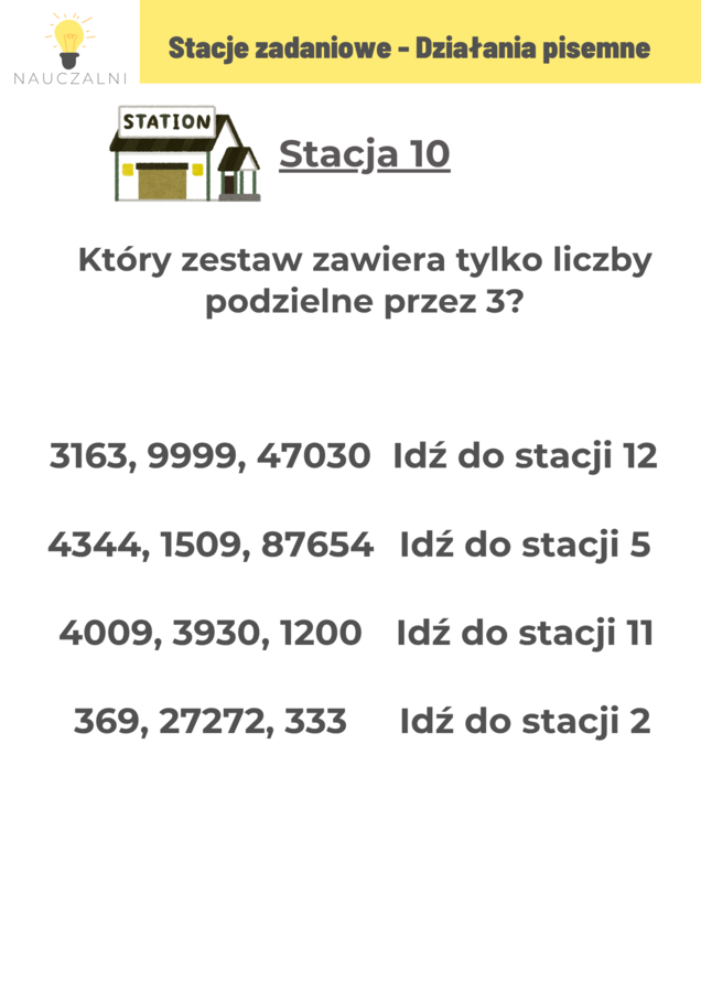Stacje zadaniowe - Działania pisemne, podzielność liczb Nauczalni kl 5 6