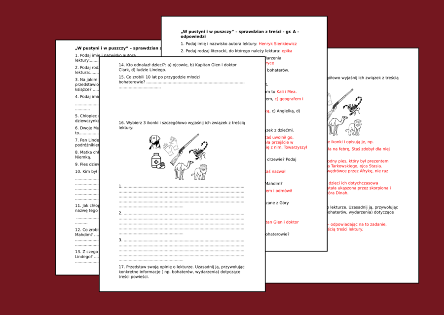 "W PUSTYNI I W PUSZCZY" – kartkówka - sprawdzian z treści - 2 grupy + ODPOWIEDZI