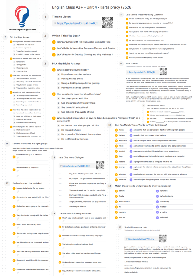 English Class A2+ – Unit 4 – karta pracy
