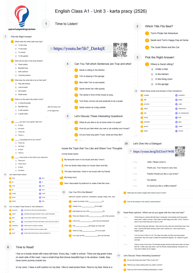 English Class A1 – Unit 3 – karta pracy