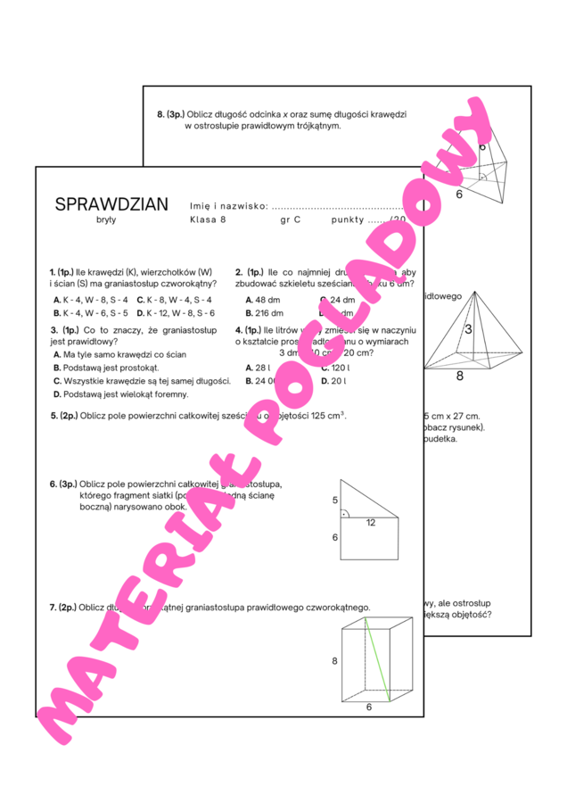 Sprawdzian. Bryły. Graniastosłupy. Ostrosłupy. Klasa 8. GWO