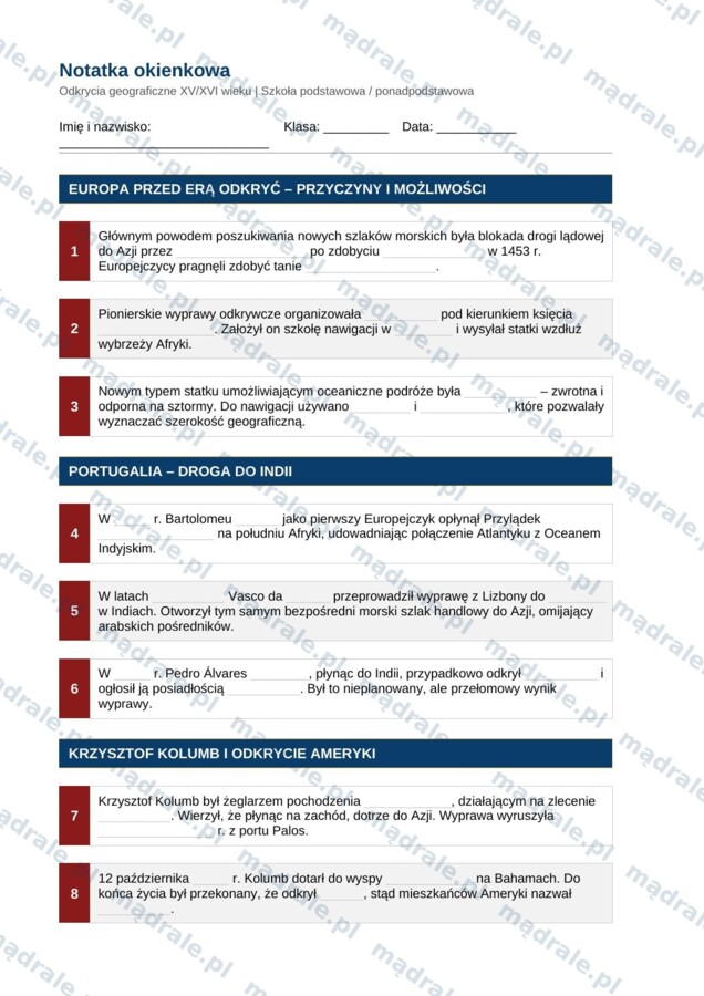 Notatka okienkowa „Odkrycia geograficzne XV/XVI wieku – Kolumb, Magellan” + klucz odpowiedzi