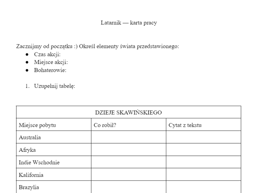 Latarnik - karta pracy