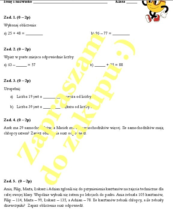 Kartkówka - dodawanie i odejmowanie w pamięci.