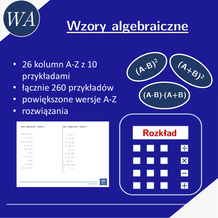 Wzory algebraiczne, rozkład | matematyka, algebra | 26 kolumn