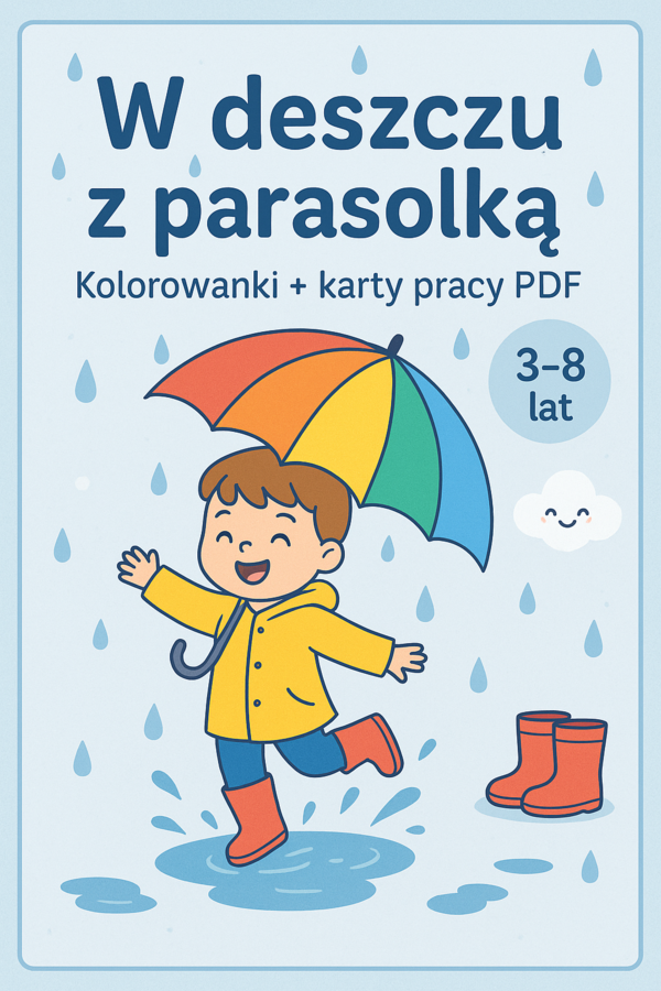Karty pracy: kolorowanki z deszczem, parasolkami, dziećmi w kaloszach.