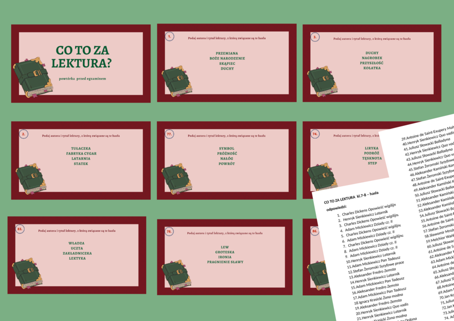 CO TO ZA LEKTURA? – hasła – prezentacja – 88 slajdów – lektury kl. 7-8 – egzamin- powtórka + ODPOWIEDZI