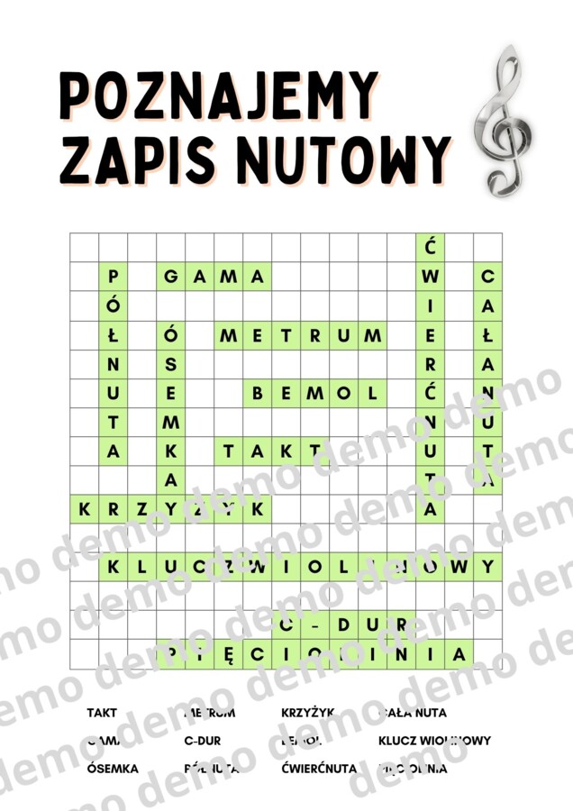 Muzyka, klasa 4-5. Poznajemy zapis nutowy. Karta pracy: wykreślanka.