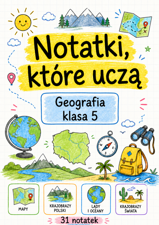Notatki, które uczą – Geografia, klasa 5| Kompletny zestaw 31 kolorowych notatek