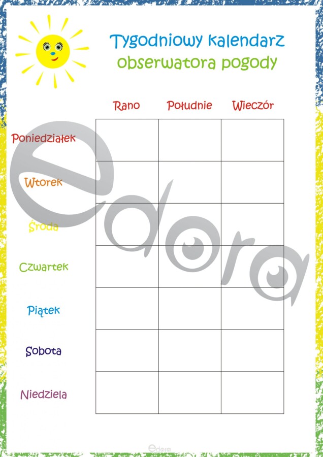 Przedszkole. Tygodniowy kalendarz obserwatora pogody z naklejkami