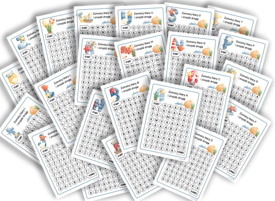 ALFABET - ZNAJDŹ DROGĘ - LITERY 23 kart pracy, rozpoznawanie liter, motoryka mała, grafomotoryka, labirynt, karta pracy, zerówka, klasa 1,