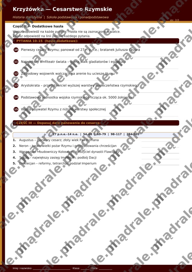 KRZYŻÓWKA "CESARSTWO RZYMSKIE" KARTA PRACY + KLUCZ ODPOWIEDZI