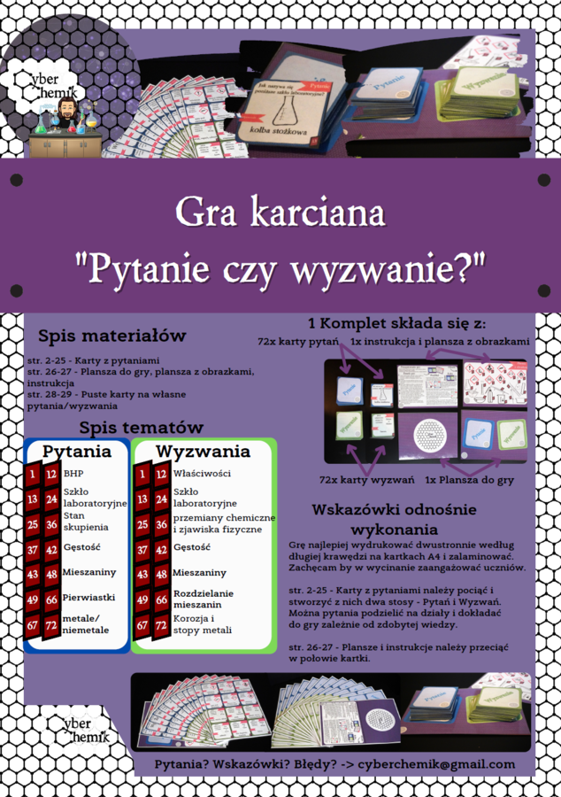 Klasa 7 i 8. Chemia. Gra karciana - "Pytanie czy wyzwanie?"