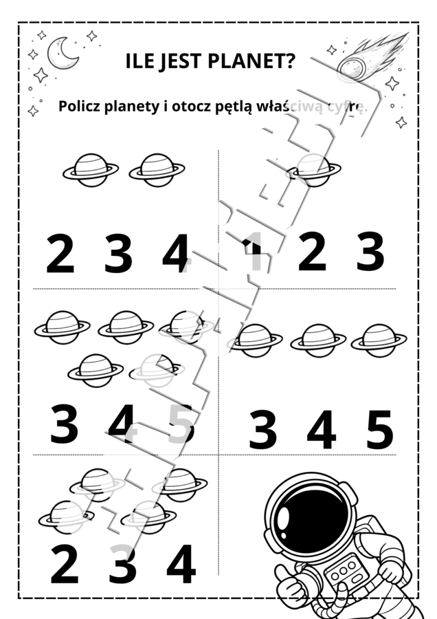 Kosmiczna wyprawa – karty pracy dla dzieci (PDF do druku)