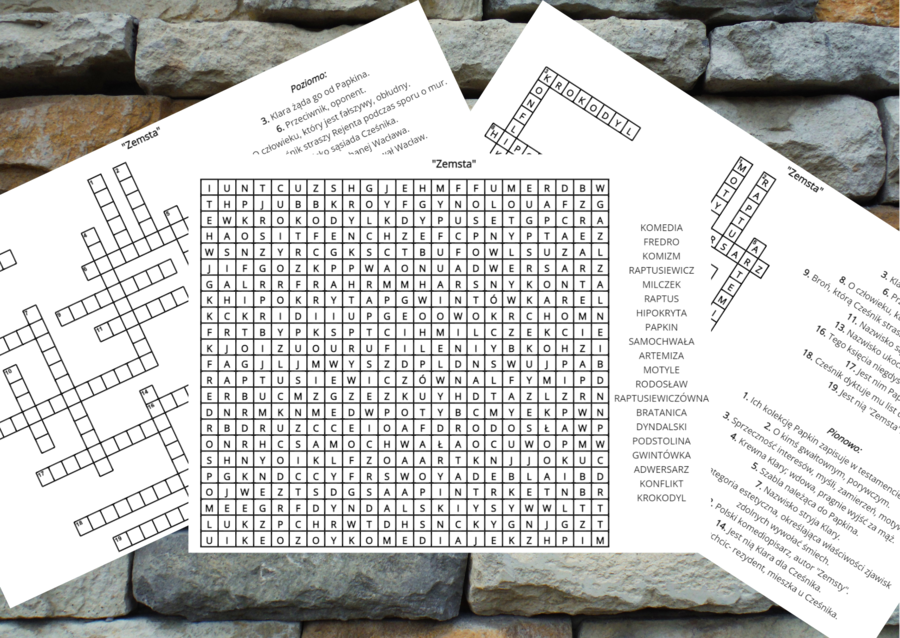 "ZEMSTA" – krzyżówka, wykreślanka – lektury obowiązkowe kl.7-8