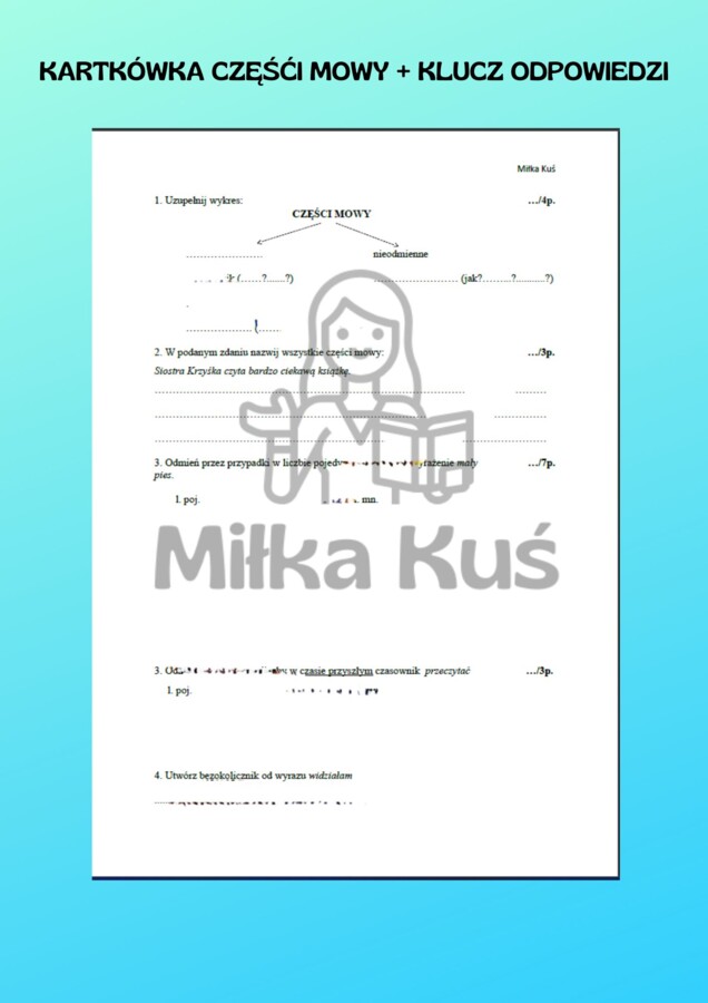 Kartkówka - części mowy + klucz odpowiedzi
