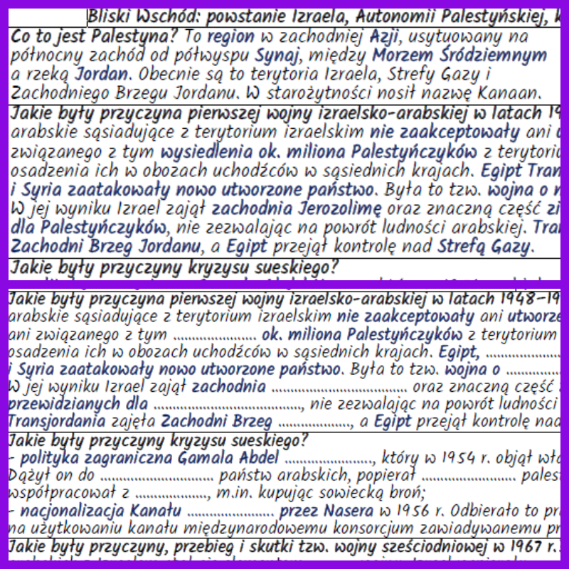 Bliski Wschód: powstanie Izraela, Autonomii Palestyńskiej, konflikt iracko-irański i wojna w Zatoce Perskiej – notatki i karta pracy