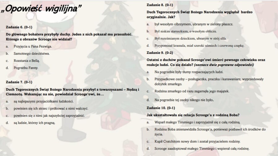 Test wprowadzający/powtórzeniowy do lektury "Opowieść wigilijna"