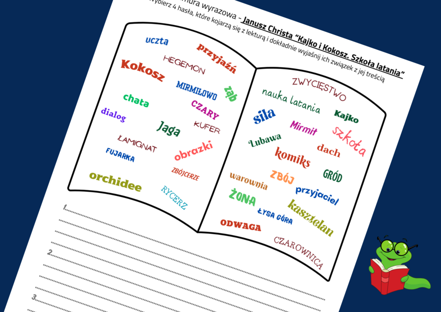 Lekturowa chmura wyrazowa - KAJKO I KOKOSZ. SZKOŁA LATANIA – lektury obowiązkowe – chmura - karta pracy – EGZAMIN – powtórka