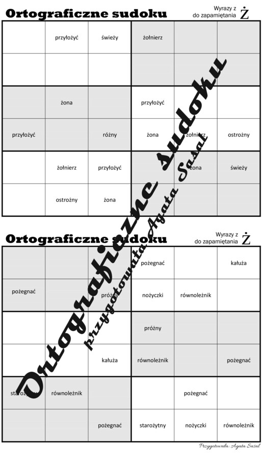 Ortograficzne sudoku z wyrazami z "ż" niewymiennym