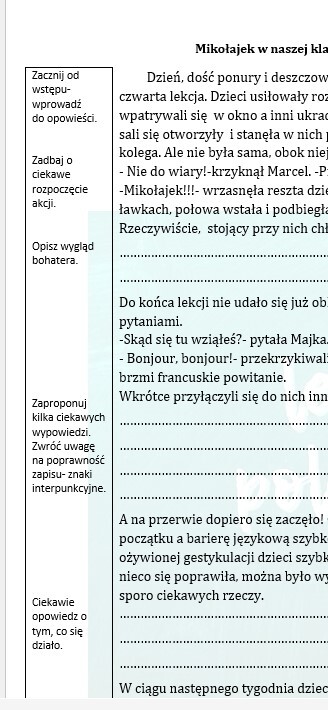 MIKOŁAJEK W NASZEJ KLASIE- OPOWIADANIE DO UZUPEŁNIENIA