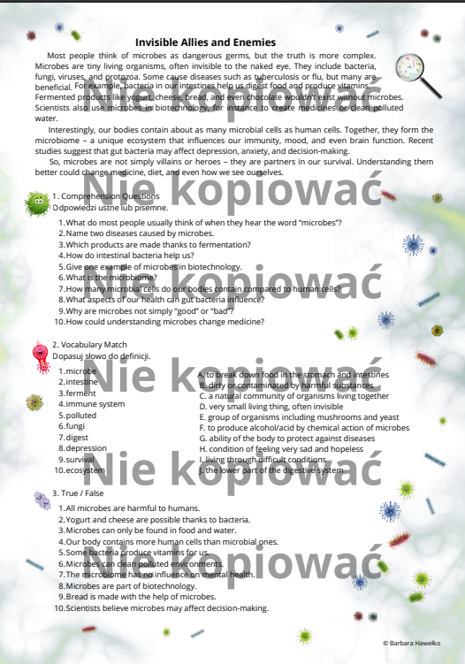 Karta pracy - czytanka "The Secret Life of Microbes" B2 + ćw. Present Perfect v. Past Simple