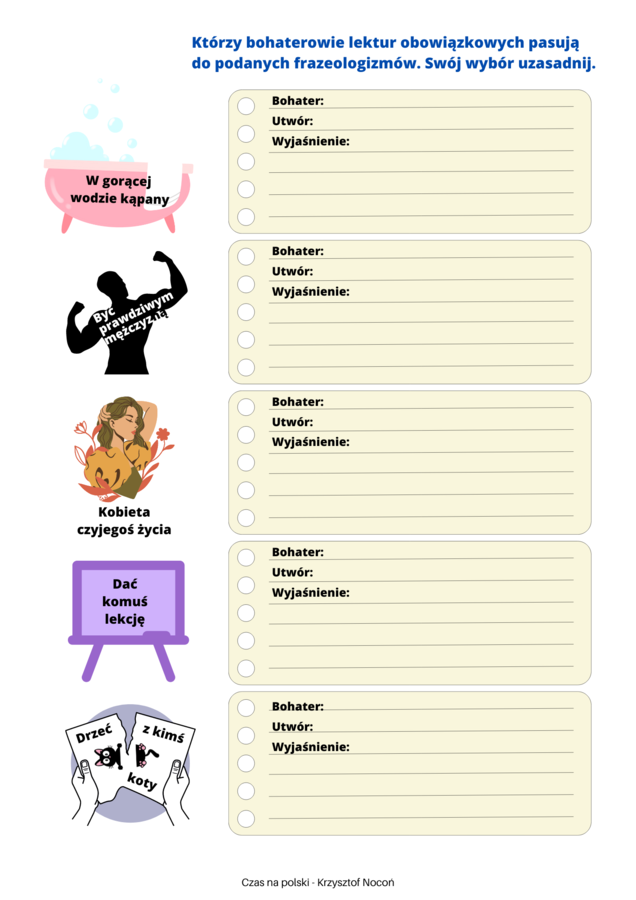 Karty pracy - dopasowanie frazeologizmów do bohaterów lektur