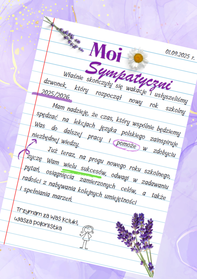 List polonistki do uczniów - początek roku szkolnego 2025, wklejka do zeszytu