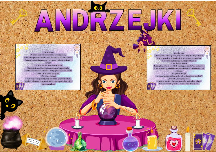 🪄 Gazetka na ANDRZEJKI – magiczna dekoracja klasy! ✨ Kolorowe grafiki | Plakat| 2 plansze z wróżbami| Każda grafika w conajmniej 2 rozmiarach