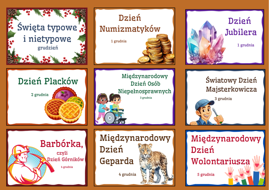 ŚWIĘTA TYPOWE I NIETYPOWE – GRUDZIEŃ – napisy – gazetka – dekoracja – BIBLIOTEKA – świetlica – przedszkole 19 stron