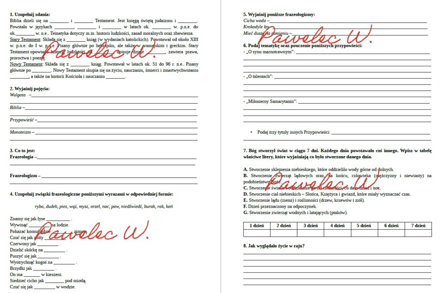 BIBLIA, PRZYPOWIEŚCI, FRAZEOLOGIZMY - karty pracy, sprawdzian + odpowiedzi, kl. 6