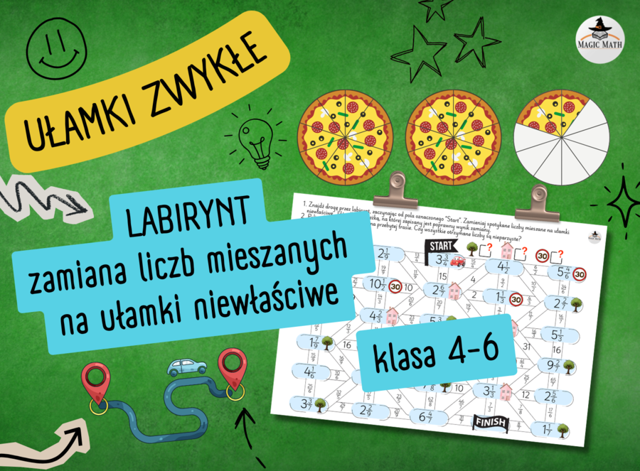 LABIRYNT - ZAMIANA LICZB MIESZANYCH na ułamki niewłaściwe - klasa 4-6