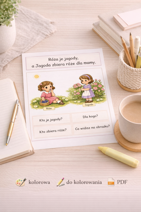 Karta wprowadzająca „Róża je jagody, a Jagoda zbiera róże dla mamy”