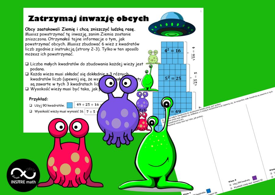 Kwadraty liczb naturalnych i pierwiastki kwadratowe. Potęgi i pierwiastki. Zatrzymaj inwazję obcych.