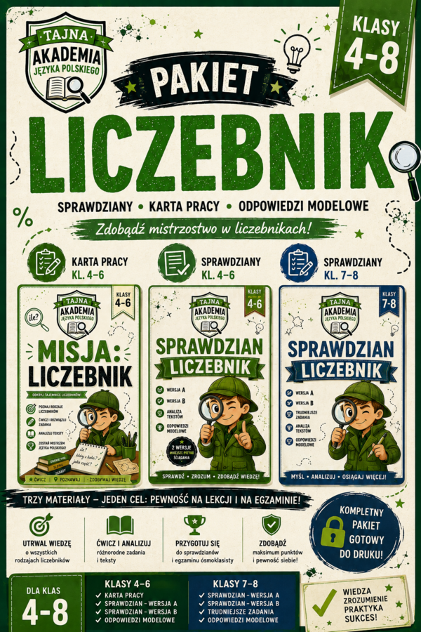 Liczebnik – MEGA PAKIET kl. 4–8 | karta pracy + sprawdziany A i B + odpowiedzi