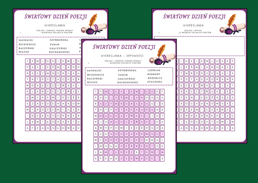 ŚWIATOWY DZIEŃ POEZJI – wykreślanka – karta pracy – biblioteka – język polski