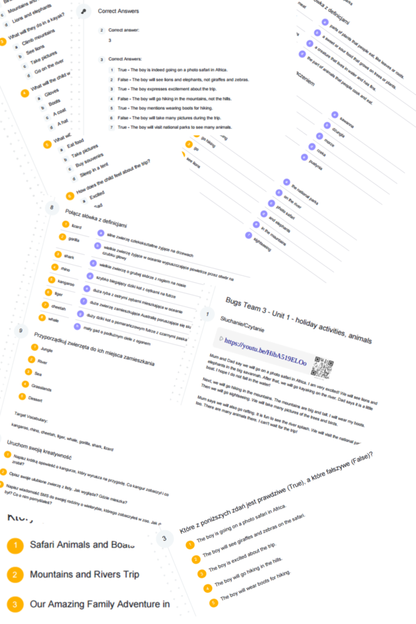 Bugs Team 3 – Unit 1 – karta pracy – holiday activities, animals