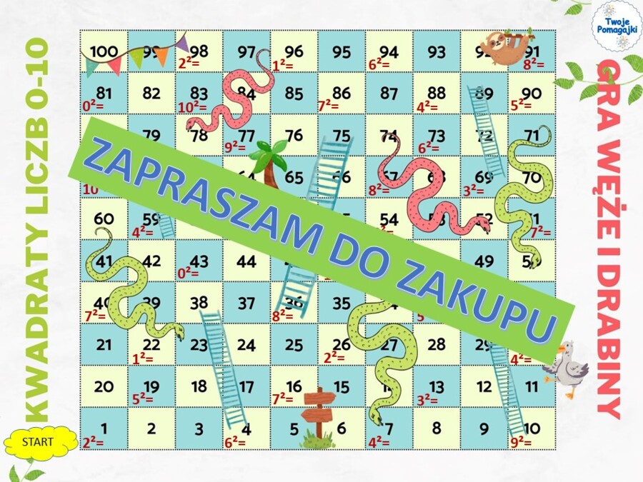 Kwadraty liczb 0-20 2 gry węże i drabiny oraz plakat