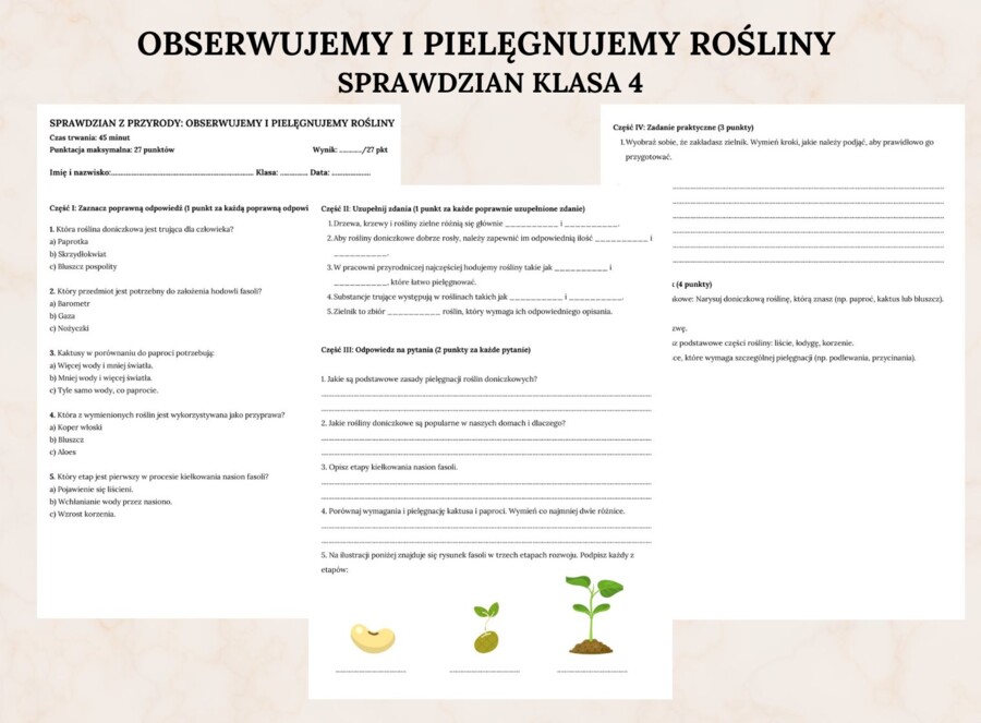 Obserwujemy i pielęgnujemy rośliny SPRAWDZIAN KLASA 4 Szkoły Podstawowej